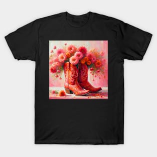 Preppy cowgirl pink heeled boots with flowers art T-Shirt